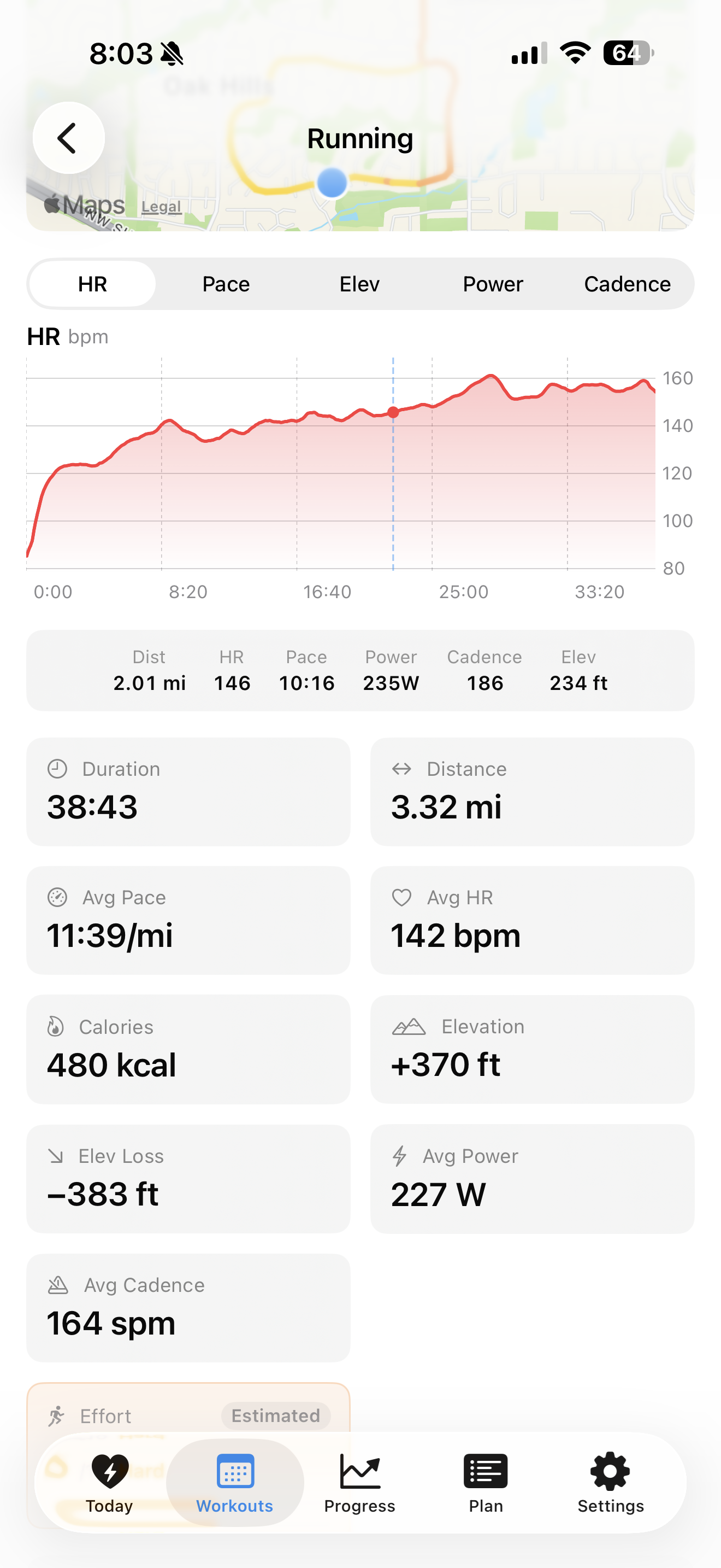 Workout review screen showing a synced heart-rate chart and route map