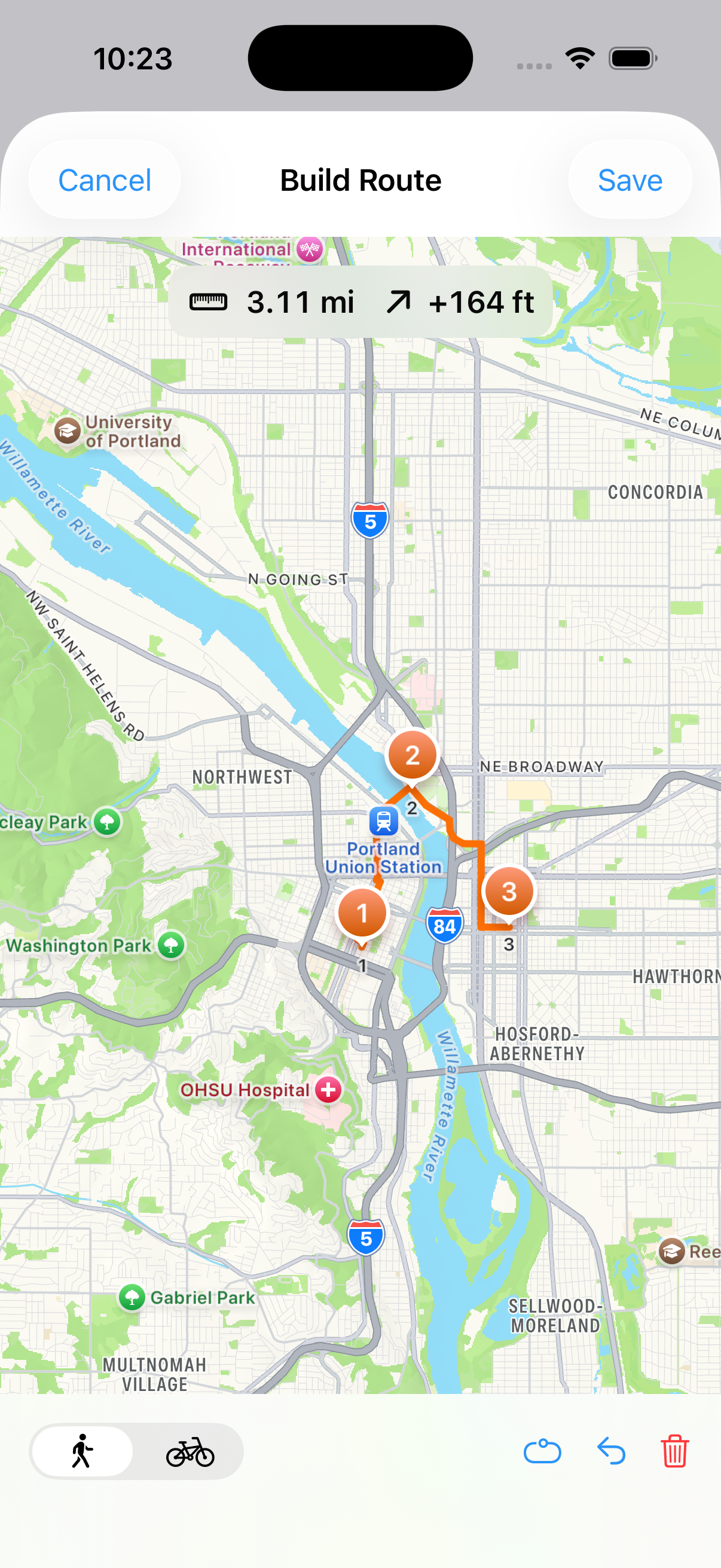 Build Route screen with three numbered waypoints joined by a road-snapped path and a live distance and elevation readout