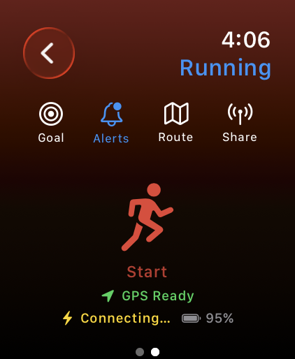 Pre-start screen with goal, alerts, route, and share options