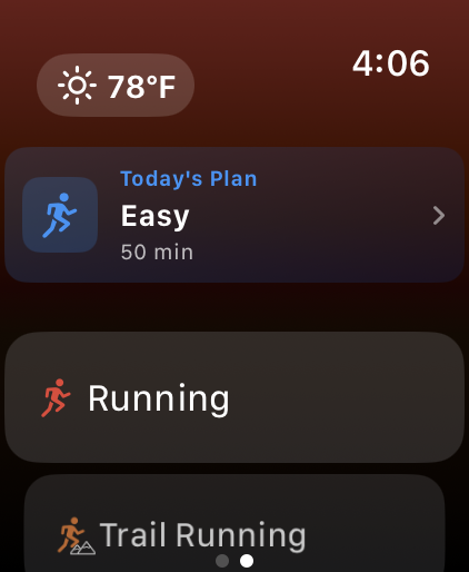 Watch start screen with today's plan and sport picker